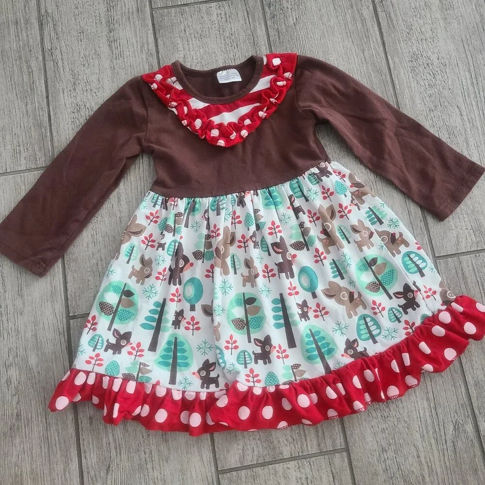 Girls Woodland Animals Ruffle Dress Brown Long Sleeve with Red Polka Dot Trim 2T